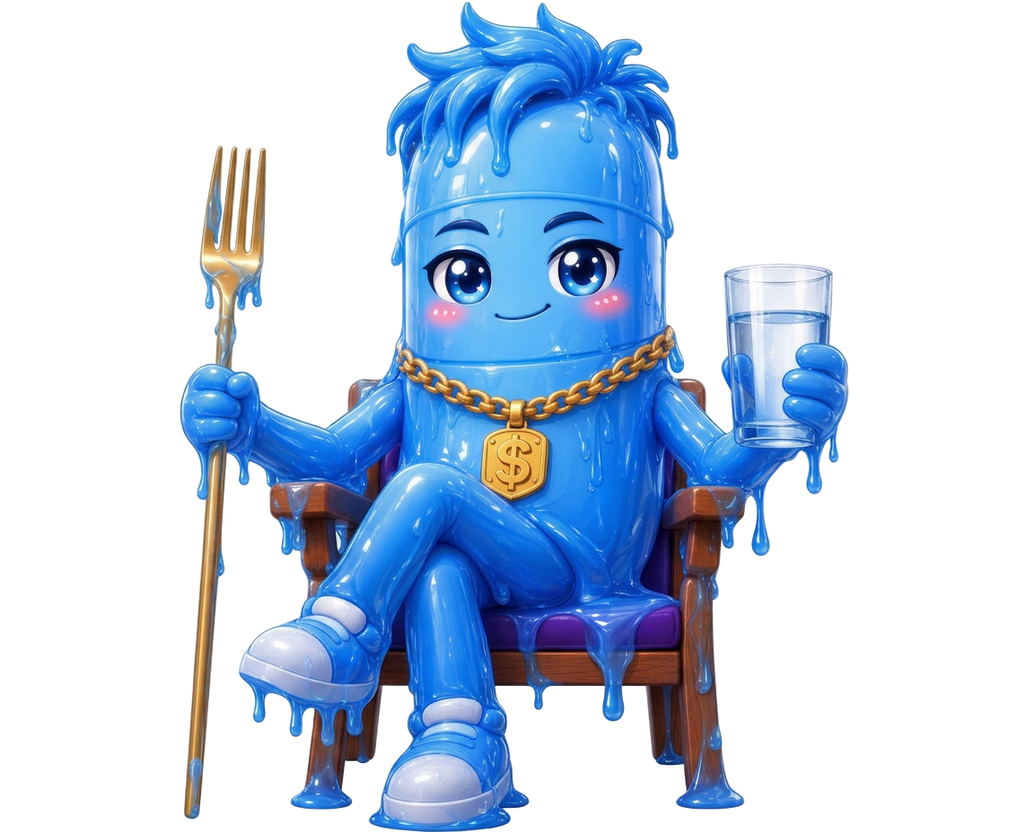 Blue Pill mascot sitting on a throne with a golden fork